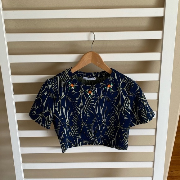 Zara Crop Top Embellished Stretch Navy Blue Size Small - Picture 4 of 12